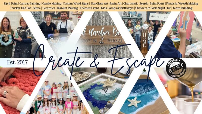 Collage showing people enjoying craft activities like painting, knitting, and making wood signs. Text highlights art event workshops such as candle making, charcuterie boards, and kids’ parties at Create & Escape, established in 2017.