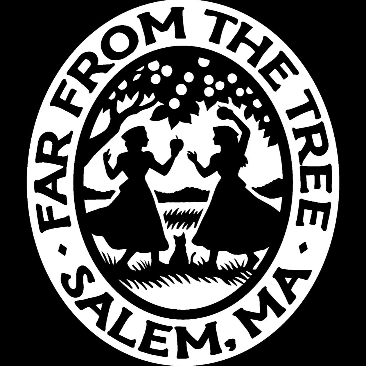 A black and white oval logo with the words “FAR FROM THE TREE SALEM, MA” encircling two women holding fruit, standing under a tree with a cat sitting between them and a landscape in the background.