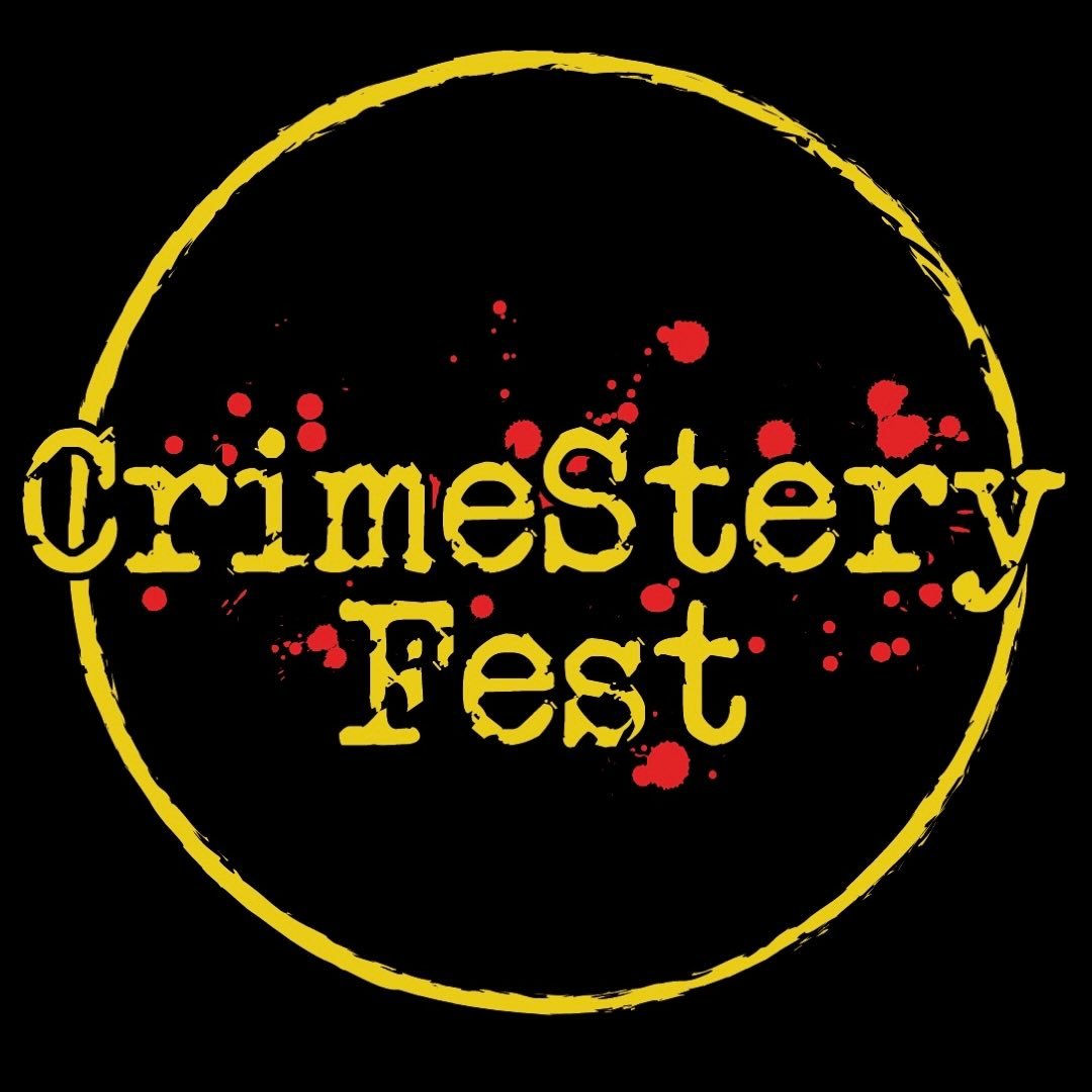 Yellow text reading "CrimeStery Fest" is centered in a distressed typewriter font, with red blood-like splatters behind the text, all enclosed in a rough yellow circle on a black background.