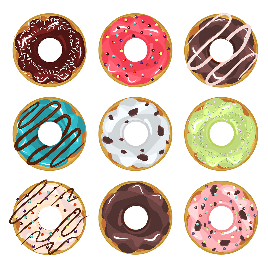 Nine illustrated donuts are arranged in a 3x3 grid, each with a different icing color and decoration—perfect for dads who love donuts. Chocolate, pink, blue, green, and white frostings feature sprinkles, drizzle, and unique toppings.