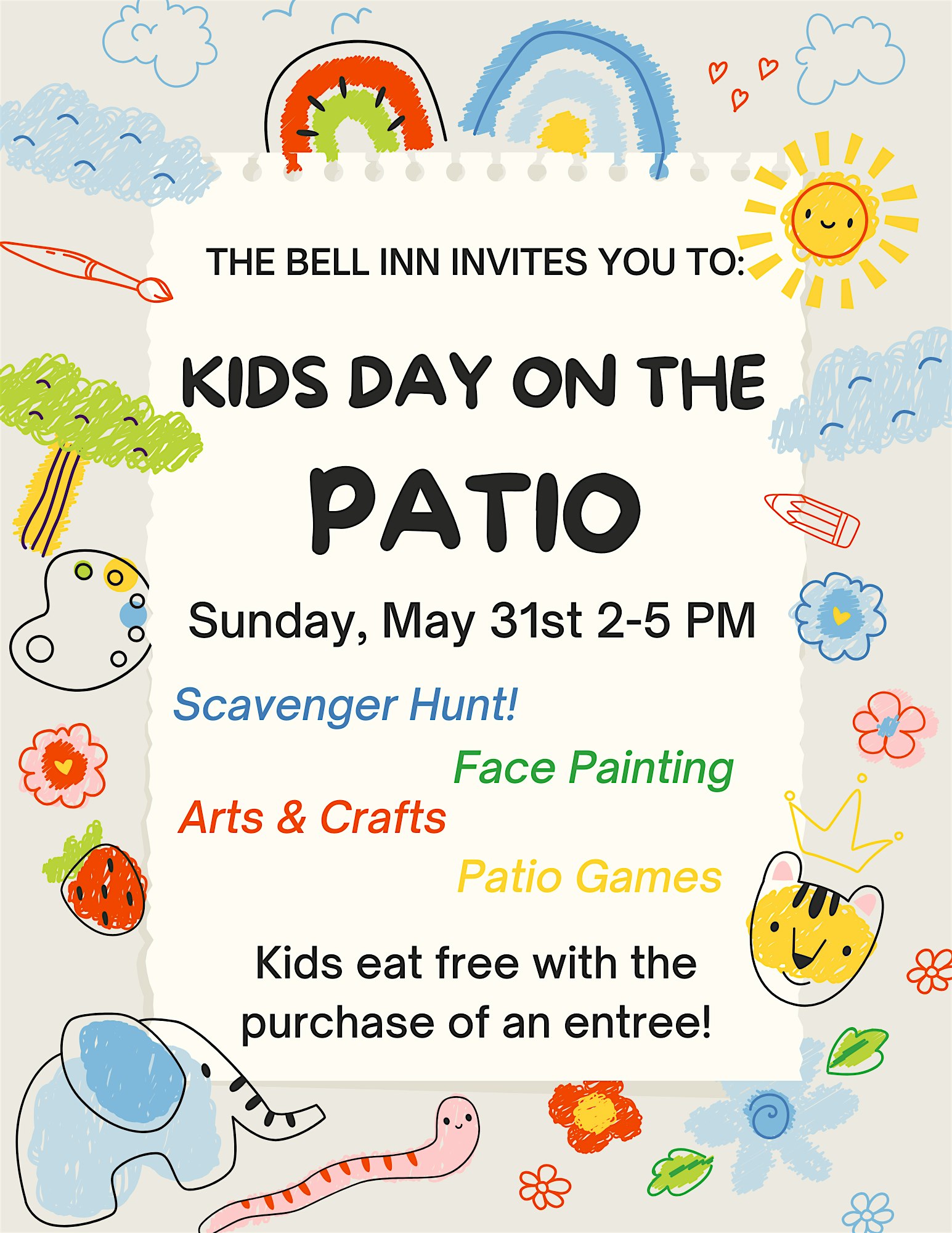 A colorful flyer announces "Kids Day on the Patio" at The Bell Inn, with activities like a scavenger hunt, face painting, arts & crafts, and patio games, on Sunday, May 31st, 2–5 PM. Kids eat free with entree purchase.