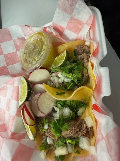 Three street-style tacos from Ruta Jalisco Food Truck, filled with shredded meat, chopped onions, and cilantro, served in a foam container with sliced radishes, lime wedges, and green salsa on a red and white checkered paper liner.