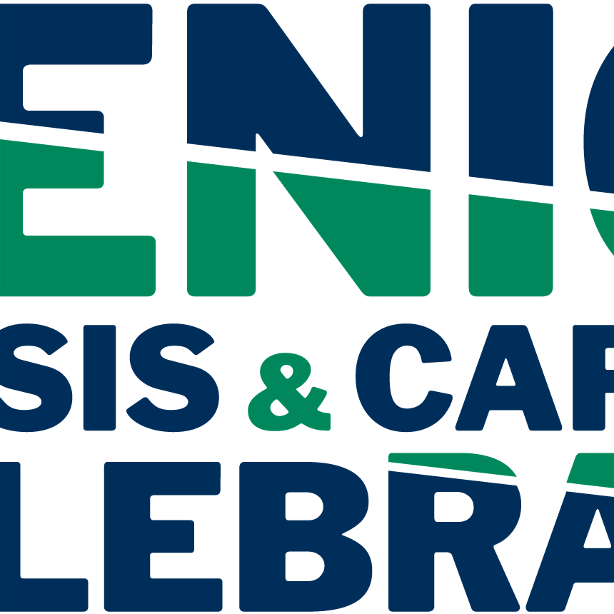 Partial graphic text reads: "SENIO...SIS & CAR...LEBRA..." in large blue and green letters on a white background. The text is partially cut off and incomplete.