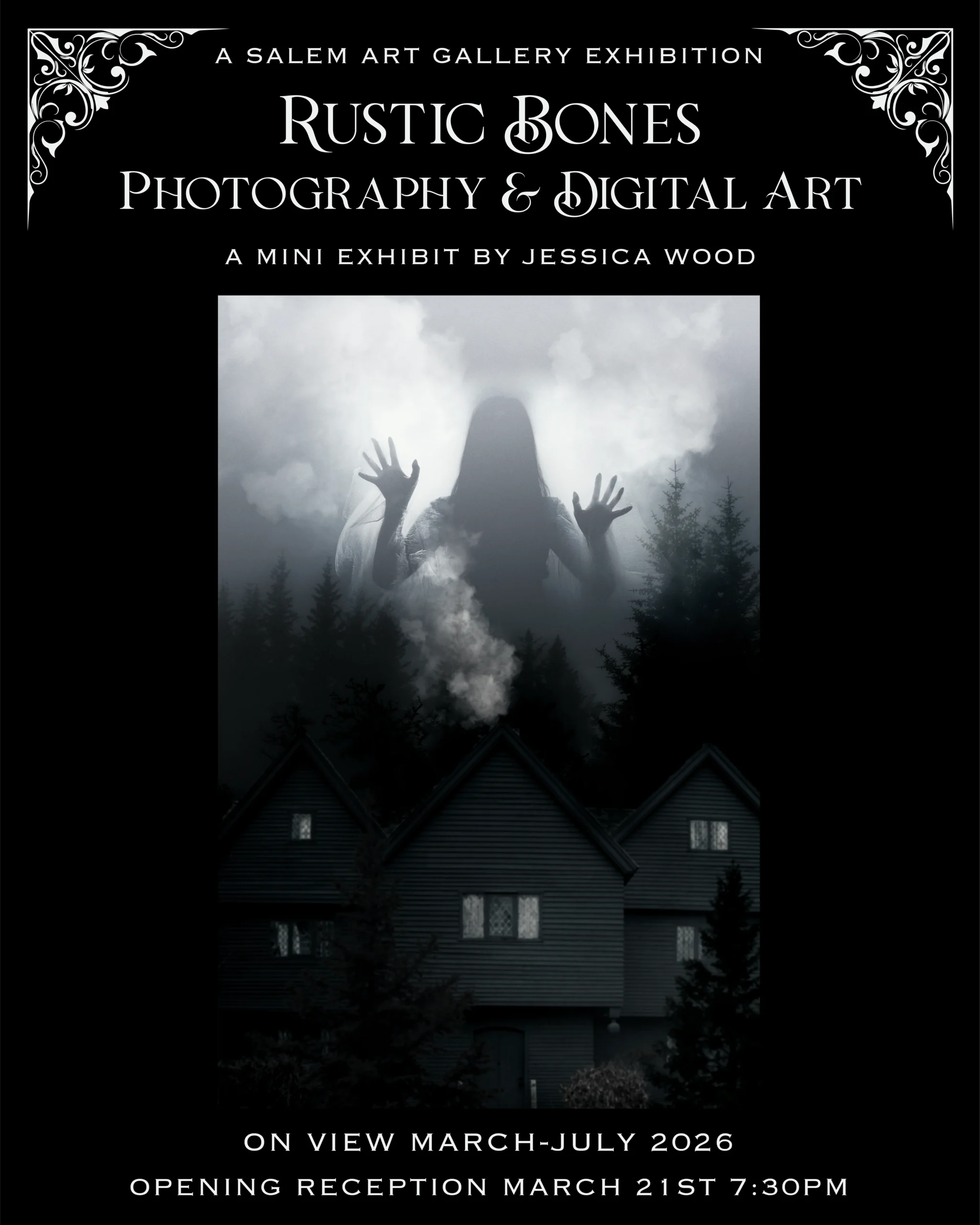 A dark poster for an art exhibition shows a shadowy, ghost-like figure with outstretched hands looming over a group of dark houses in fog, with white text detailing an art show called "Rustic Bones.