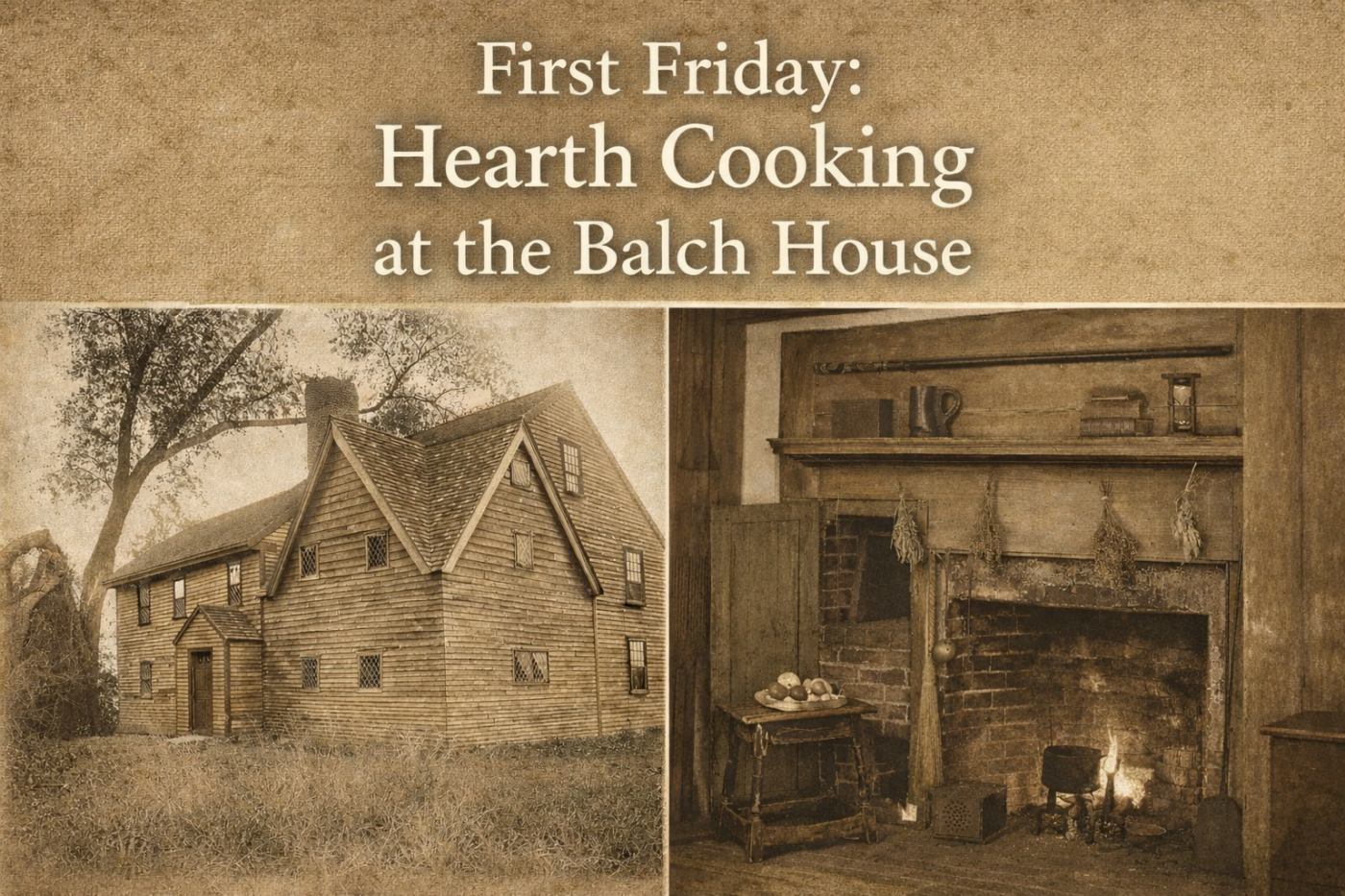 A sepia-toned promotional image shows the exterior of the historic Balch House on the left and a rustic kitchen hearth with a fire and cooking tools on the right. Text reads: "First Friday: Hearth Cooking at the Balch House.