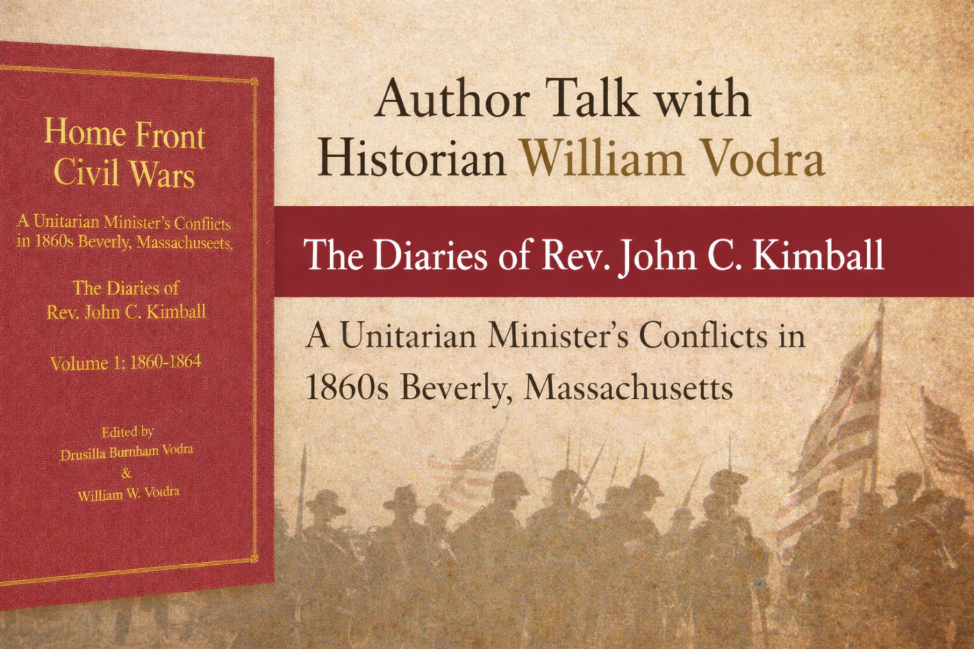 A promotional image for an author talk with historian William Vodra about "The Diaries of Rev. John C. Kimball," featuring a book cover and silhouettes of Civil War soldiers against a textured background.