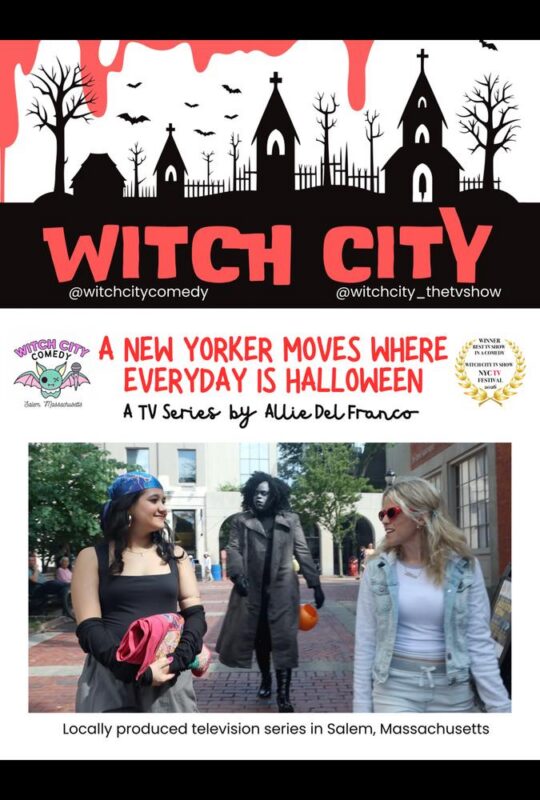 Poster for the Witch City TV pilot premiere: Two women walk the streets of Salem, Massachusetts, with a statue-like figure behind them. The series follows a New Yorker discovering secrets in this mysterious town.