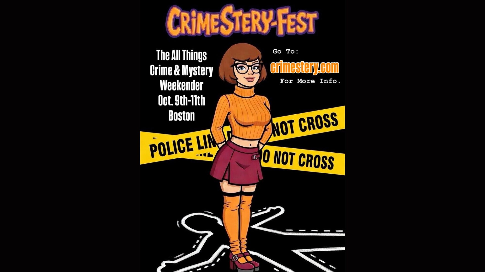 Poster for Crimestery-Fest featuring cartoon woman in orange sweater and red skirt, standing before police tape and chalk outline. Event details and website appear on black background. Meet the Member: Sanazar Rose highlighted.