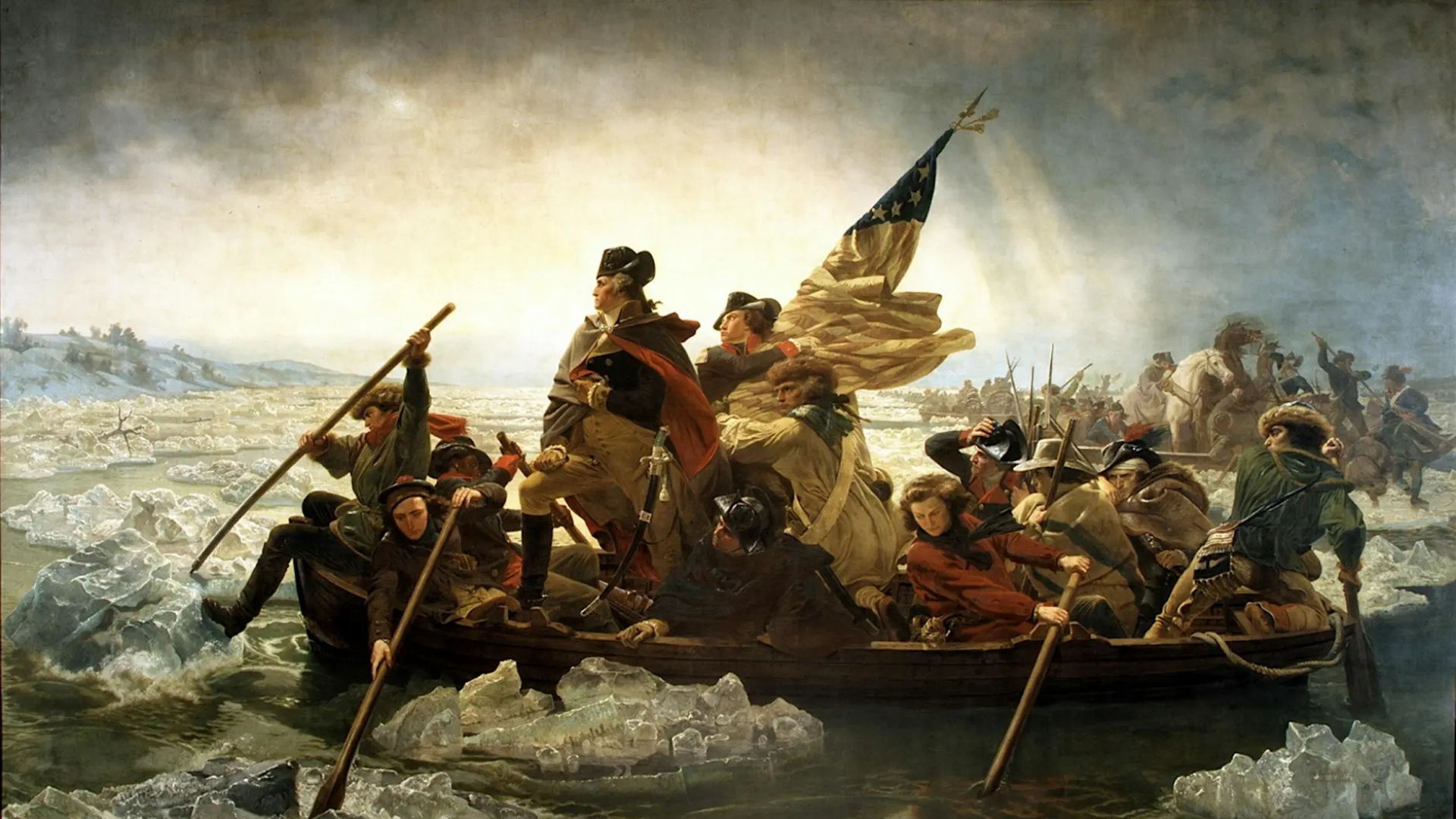 A group of men in 18th-century military attire, led by Revolutionary War Hero General John Glover, cross an icy river in a wooden boat—one man prominently holding an American flag—depicted in the Conflict & Community Series.