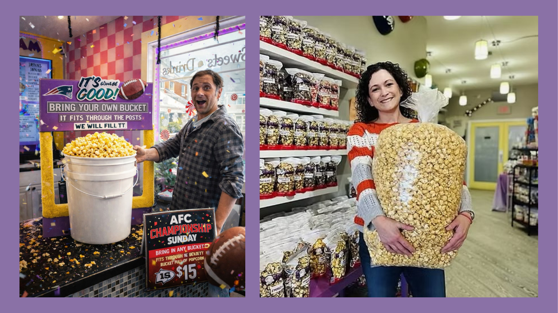 Two photos: Left, a man points excitedly at a large white bucket filled with popcorn. Right, a woman—Meet the Member: Mental Makeover—stands in a store holding an oversized bag of popcorn, shelves of popcorn bags behind her.