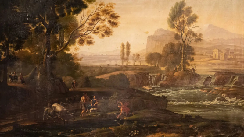 A classical landscape painting from Salem Visual Art depicts people and animals near a river with small waterfalls, surrounded by trees, hills, and distant buildings under a soft, golden sky—perfect for Celebrating 400.