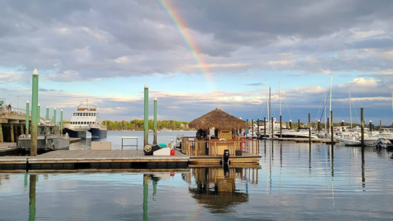A marina with several boats docked, including Tiki Hut Boats on a floating platform. Calm water reflects a rainbow arched in the cloudy sky, with some trees visible in the background.
