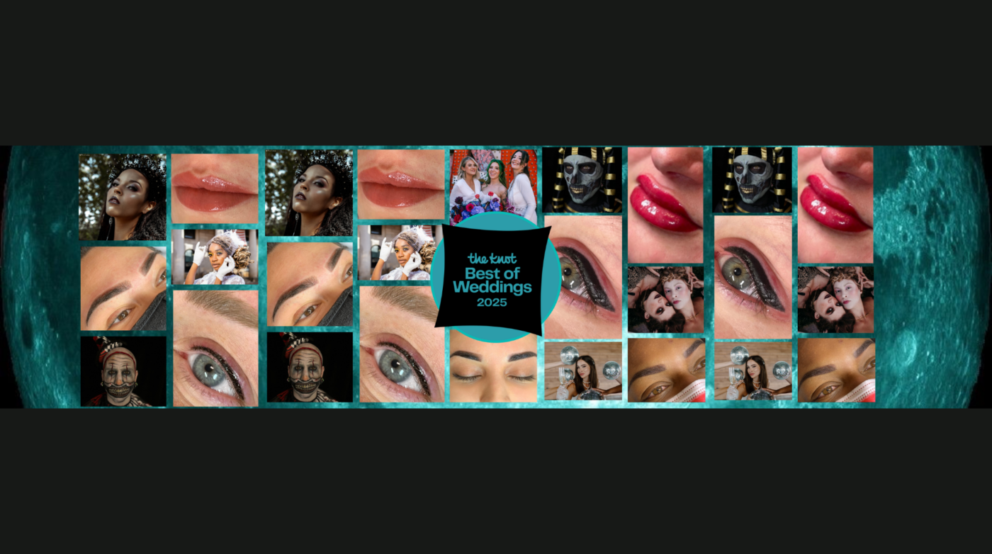 A collage features close-ups of eyes, lips, and faces with Wicked Makeup or masks, and a central blue circle reads "the knot Best of Weddings 2023." The collage has a teal and black color scheme.