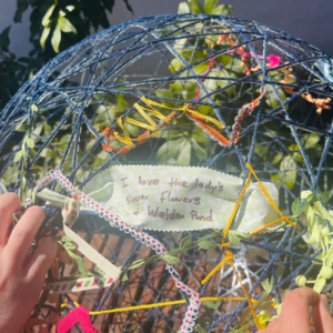 A pair of hands holds a blue string art sphere with colorful threads, fabric pieces, and a note that reads, “I love the lady’s slipper flowers at Walden Pond.” Green plants and hints of April Vacation in Essex County are visible in the background.