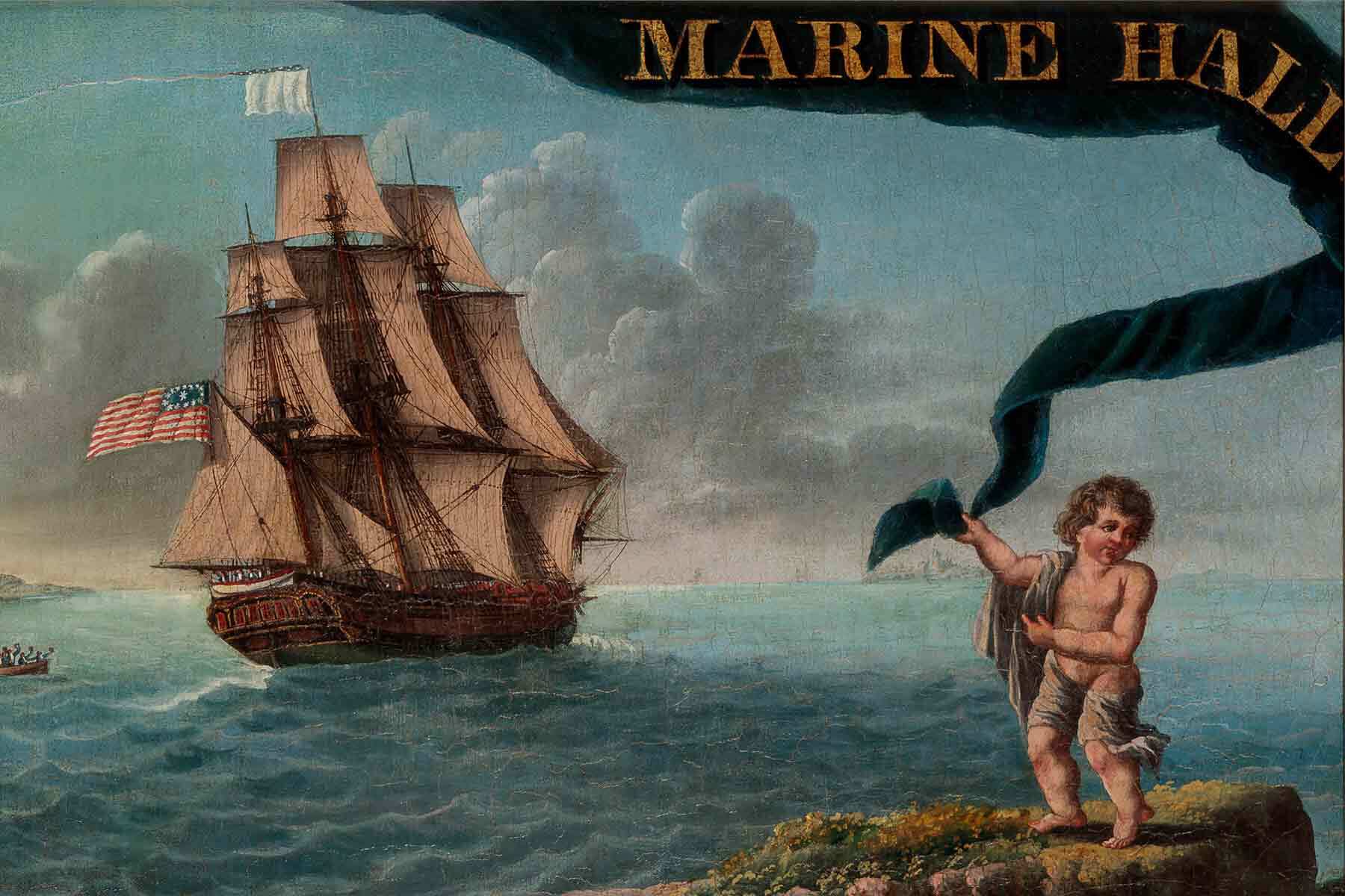 A large sailing ship with an American flag moves through the sea under a cloudy sky. In the foreground, a child in a tattered garment stands on rocks, holding a ribbon with the partially visible words "MARINE HALI.