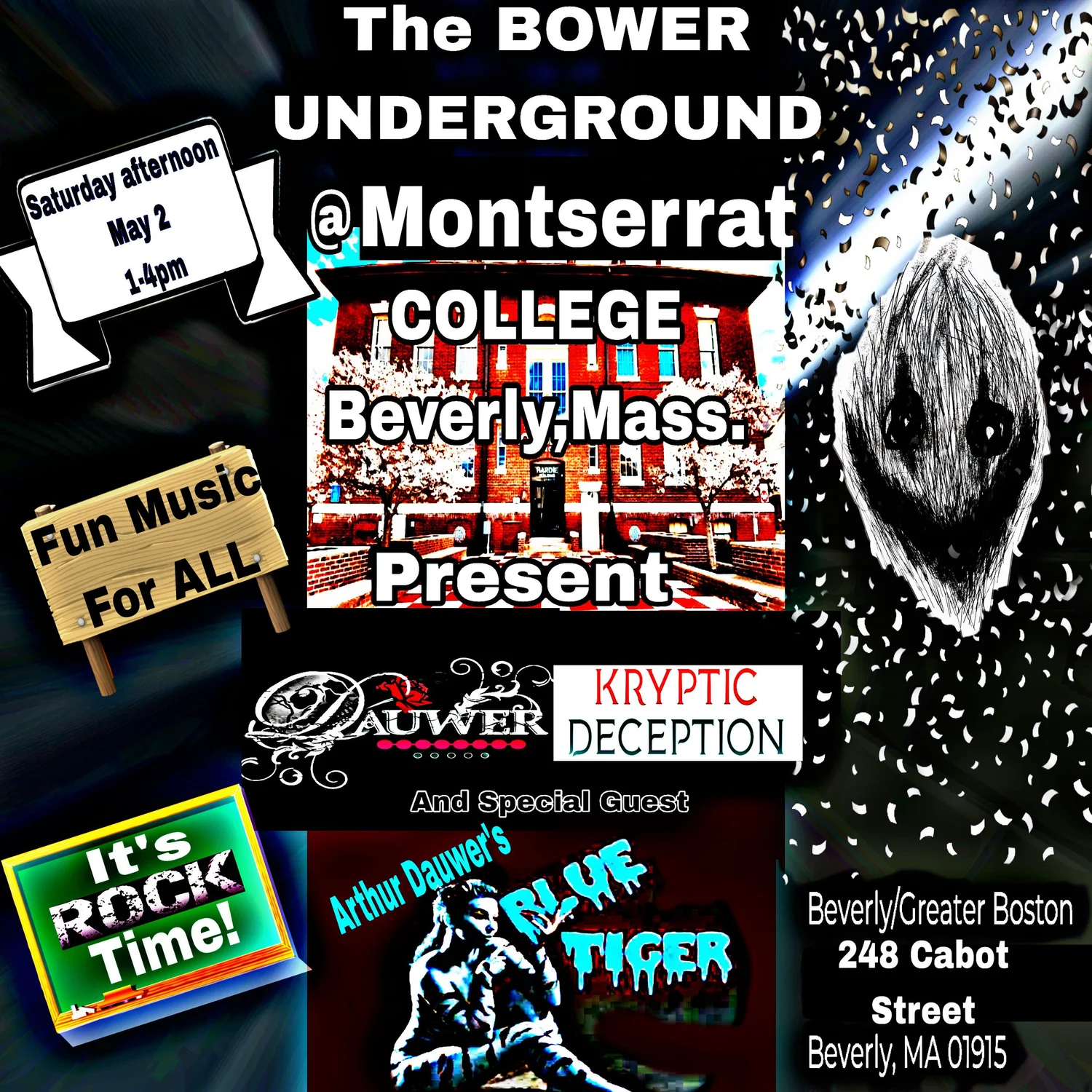 Promotional poster for "The Bower Underground @Montserrat" in Beverly, MA, spotlighting music acts like Kryptic Deception and Dauwer’s Blue Tiger, with event details, times, and location included.