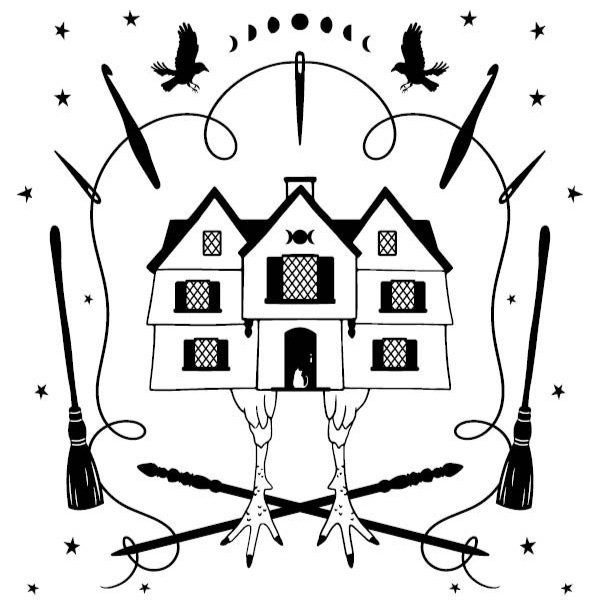 Black and white illustration of a house with chicken legs, surrounded by brooms, needles, thread, stars, crows, and moon phases in a symmetrical arrangement.