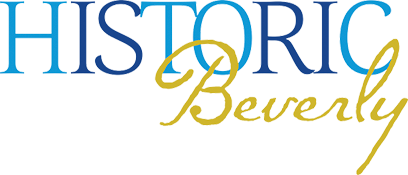 The image features the words "Historic Beverly" in stylized fonts—"HISTORIC" in bold blue uppercase letters and "Beverly" in elegant gold cursive, with the scripts artistically overlapping.