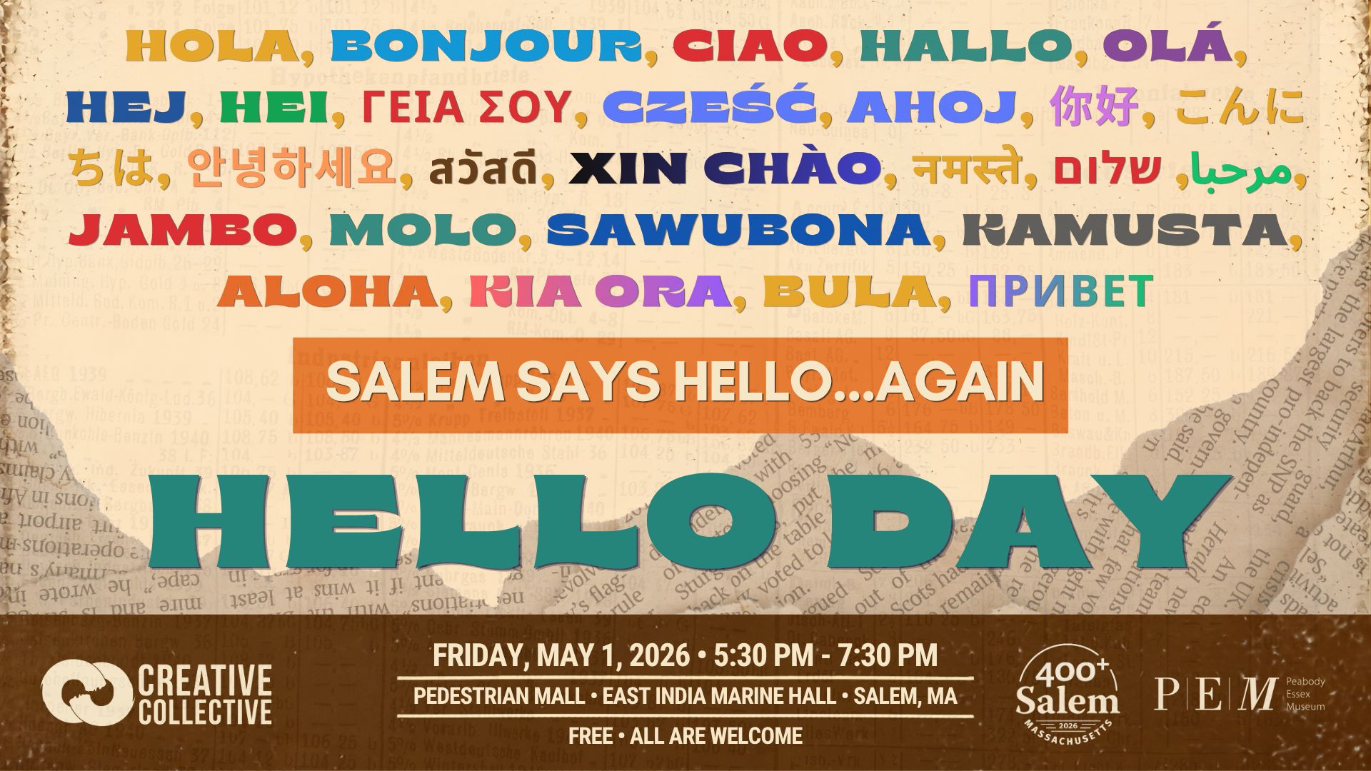 A digital event flyer celebrates Hello Day Salem with greetings in multiple languages, "SALEM SAYS HELLO...AGAIN" in orange, bold blue "HELLO DAY," and event details for May 1, 2026 in Salem, MA at the bottom.