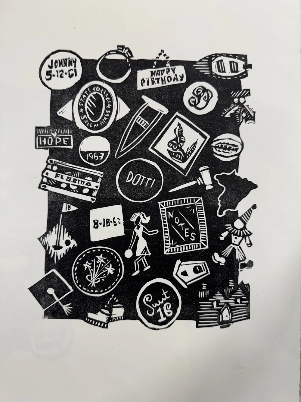 A black and white collage of doodles, badges, and symbols including text like “HOPE,” “8-18-62,” “POTTI,” “NOTES,” “HAPPY BIRTHDAY,” and various shapes, a palm tree, a lighthouse, and a walking figure.