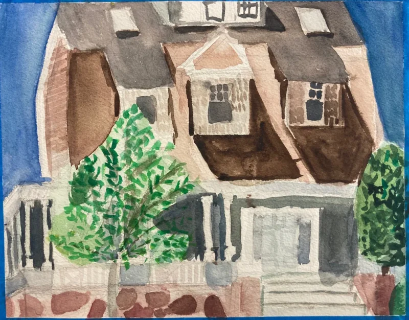 A watercolor painting of a large house with brown siding, dormer windows, a sloped roof, and a front porch. A green tree is in the foreground, and the sky is blue.
