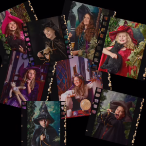 Collage of eight children dressed as witches and wizards, wearing pointed hats and capes, posing with props like stuffed animals, a crystal ball, and a broomstick—perfect inspiration for April Vacation in Essex County 2026 against magical backgrounds.