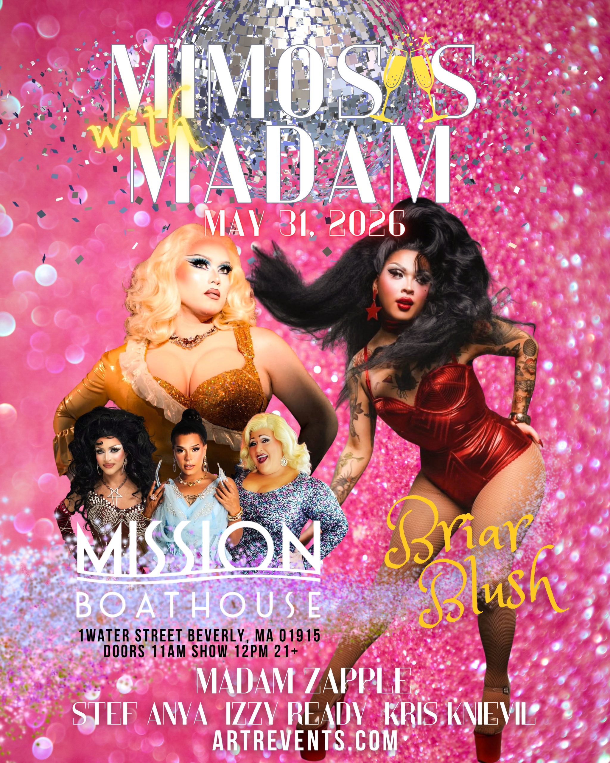 Promotional poster for “Mimosas with Madam” on May 31, 2026, at Mission Boathouse in Beverly, MA. Features images of drag performers and event details on a sparkling pink background with disco balls.