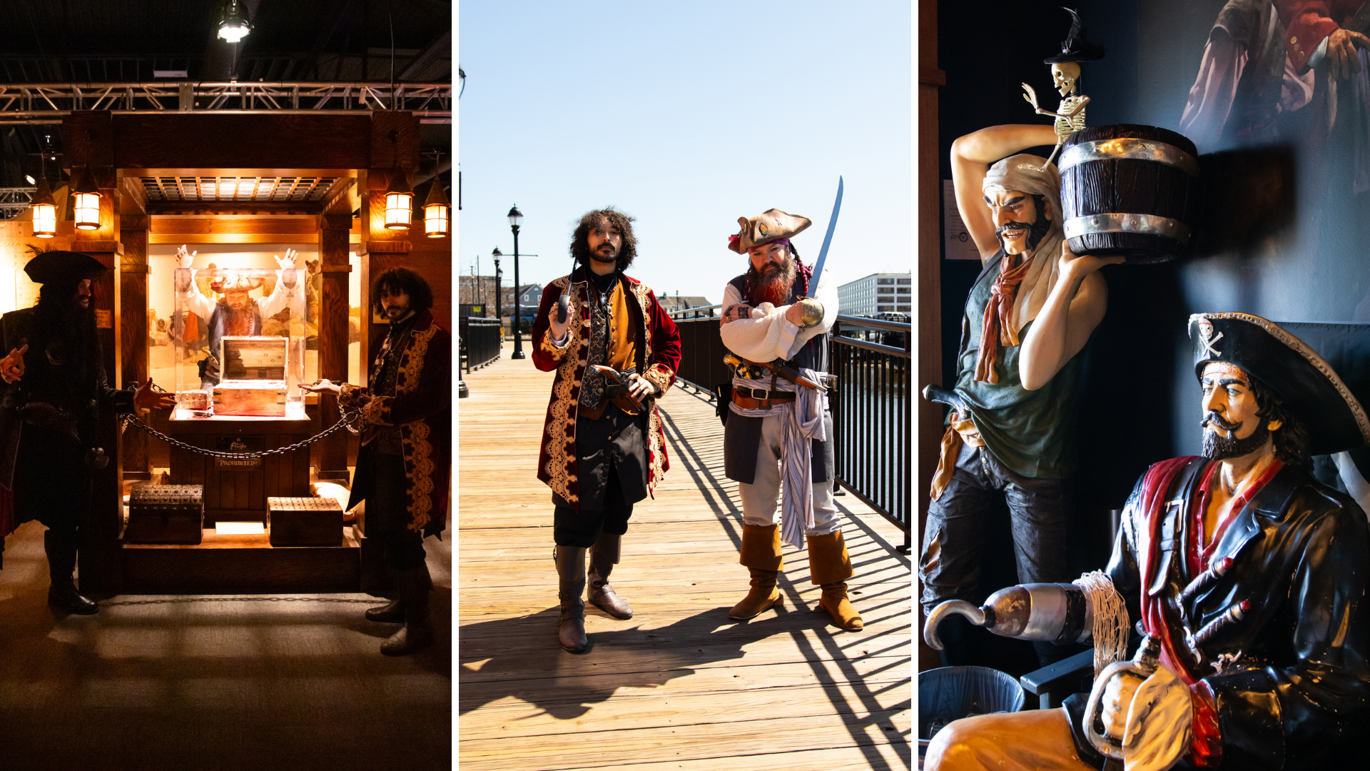 Three images side by side: people dressed as Salem pirates inside a dimly lit room, two pirates posing with swords and props outside on a boardwalk, and two pirate statues indoors with maritime story-themed decor.