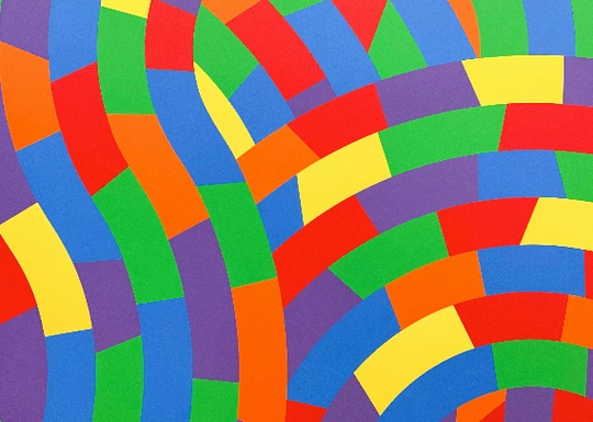 A pattern of curved rows made up of brightly colored rectangular blocks—red, yellow, green, blue, orange, and purple—creates an abstract geometric design perfect for your next Friday Drawing Club inspiration.