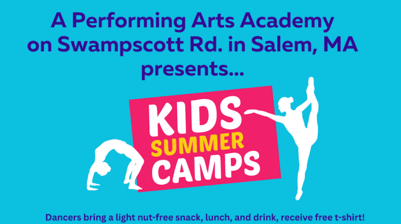 Promotional graphic for a performing arts academy’s Summer Camp in Salem, MA. The image features text and two white silhouettes of dancers on a bright blue and pink background.