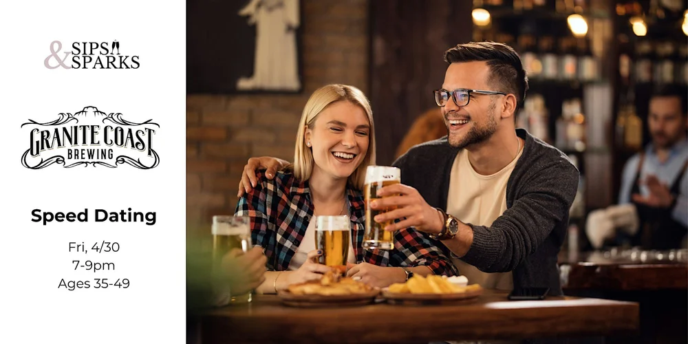 A man and woman sit at a bar, smiling and holding drinks. In front of them are beers and snacks. Event details for a speed dating night at Granite Coast Brewing for ages 35-49 are displayed on the left.