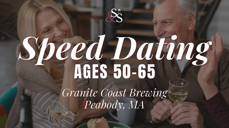 Two older adults smiling and talking at a table while holding drinks. Overlaid text reads: “Senior Dating Ages 50-65, Speed Dating at Granite Coast Brewing, Peabody, MA.”.