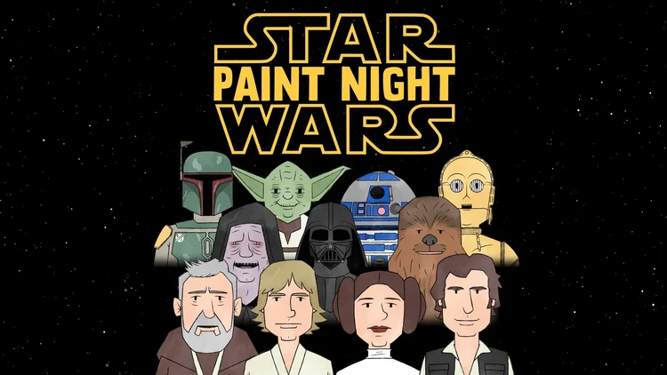A cartoon illustration of Star Wars characters beneath the text "Star Wars Paint Night." This vibrant Star Wars Paint scene features Boba Fett, Yoda, Darth Vader, R2-D2, C-3PO, Obi-Wan, Luke, Leia, Chewbacca, and Han Solo.