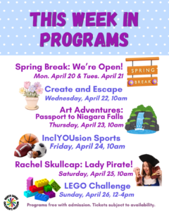 A colorful flyer lists weekly programs for April Vacation in Essex County, including Spring Break hours, art activities, sports, and a LEGO challenge, with corresponding dates, times, and playful illustrations for each event.