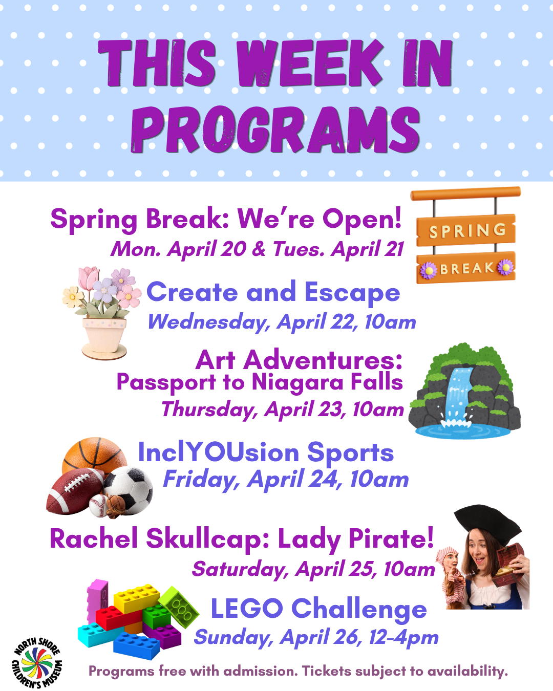 A colorful flyer highlights Upcoming Programs with event names, dates, times, and related graphics—like sports, art, and LEGO activities—on a purple background with bold text and decorative images. Don’t miss the fun starting April 27, 2026!.