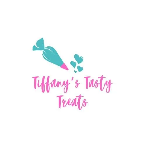 A teal piping bag and three teal heart shapes float above the pink text "Tiffany's Tasty Treats Pop Up," all on a white background.