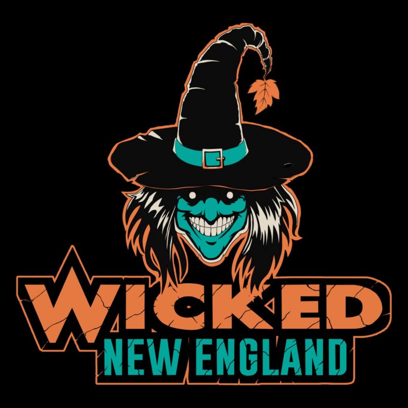 Illustration of a grinning witch with a crooked hat above the words “Wicked New England” in bold, stylized letters. The design uses black, orange, and teal colors on a black background.
