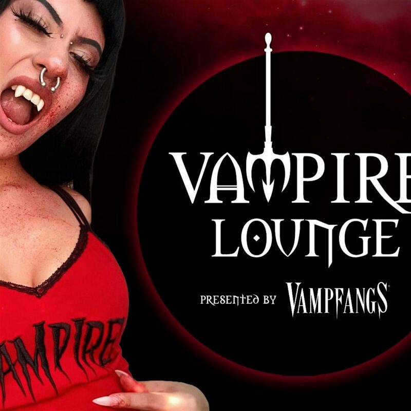 A person wearing a red tank top with the word "Vampire" and vampire fangs poses next to a circular logo that reads "Vampire Lounge presented by Vampfangs" against a dark red and black background.