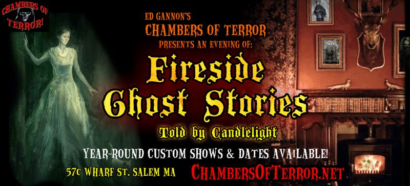 A promotional poster for "Chambers of Terror: Fireside Ghost Stories Told by Candlelight" in Salem, MA, featuring a ghostly woman in a green dress and bold yellow and red text with fireside stories event details.