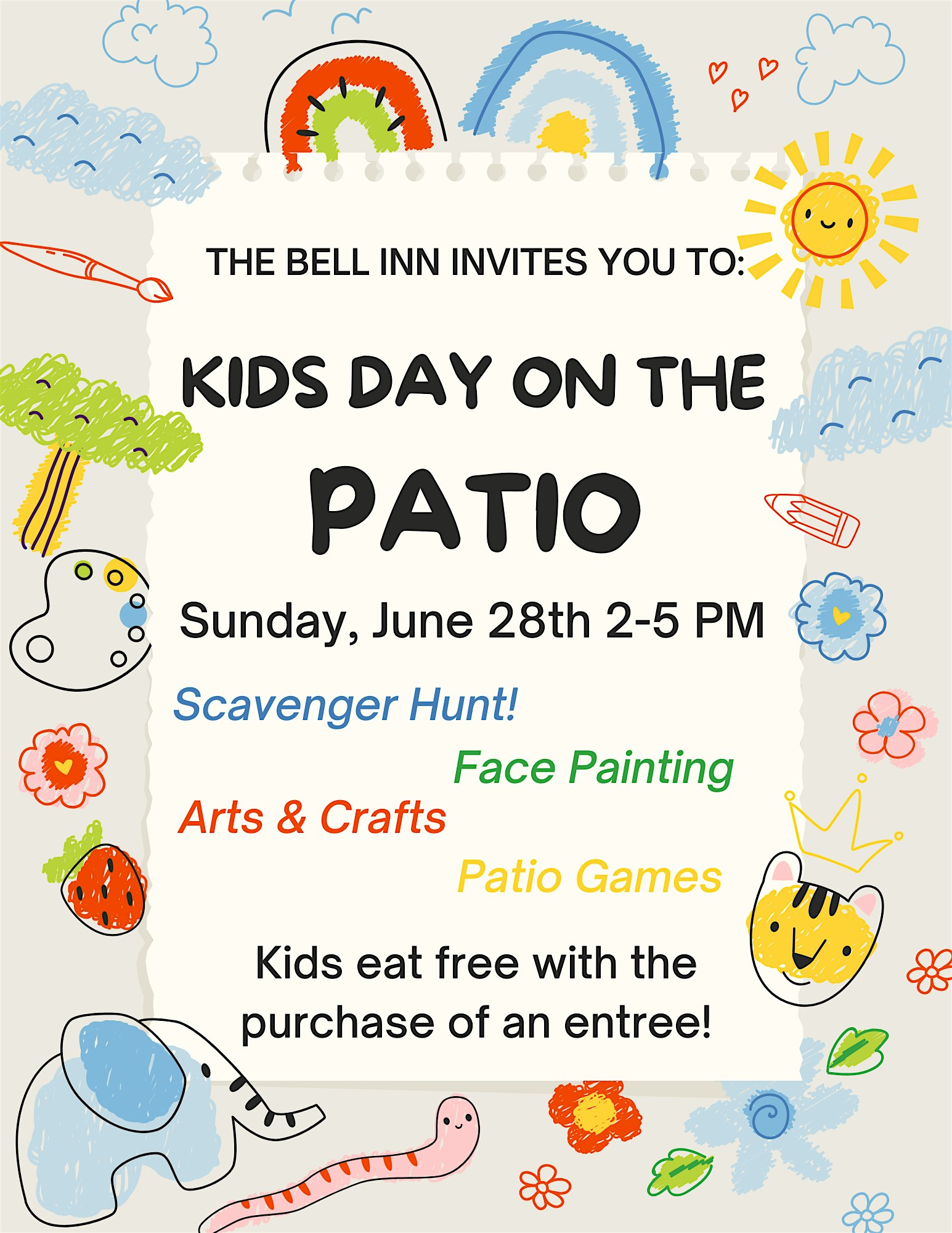 A colorful flyer with drawings of a sun, rainbow, flowers, animals, and clouds, advertising a Kids Day event on June 28th from 2-5 PM with activities and free kids’ meals at The Bell Inn.