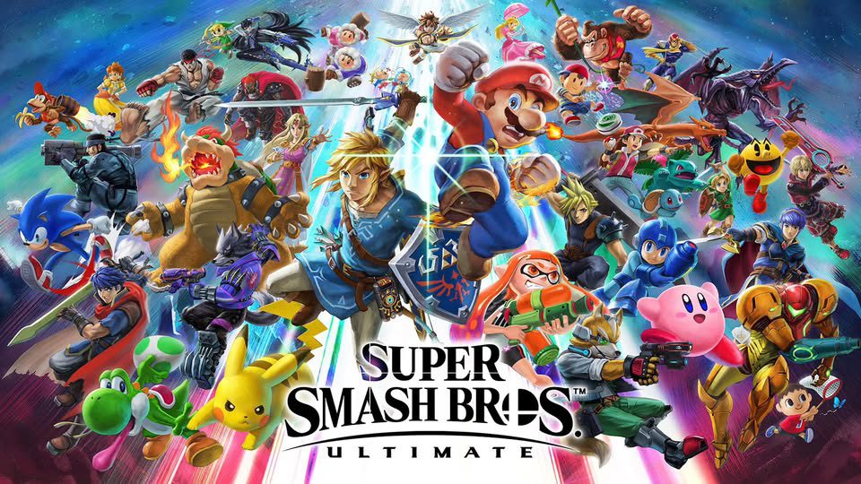 A colorful group image of numerous video game characters, including Mario, Link, Pikachu, Kirby, and others, in action poses above the "Super Smash Bros. Ultimate" logo on a streaked blue and purple background.