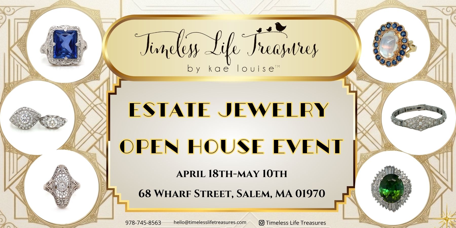 Promotional image for the "Timeless Life Treasures Estate Jewelry Open House Event," featuring event details surrounded by stunning estate jewelry pieces—rings, earrings, brooches, and necklaces—against a decorative background.