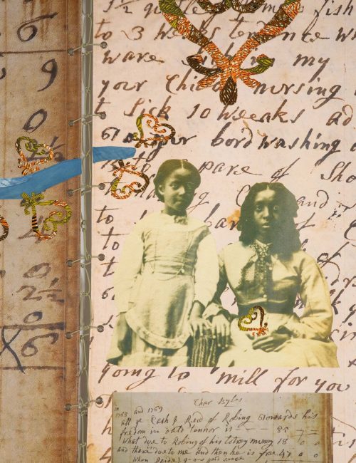 A sepia-toned collage featuring two young girls in vintage clothing, handwritten text in the background, gold and orange butterfly stickers, and a snippet of blue ribbon along the left side.