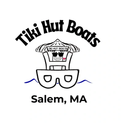 Logo for Tiki Hut Boats featuring a hut-shaped boat with a tiki face, waves below, and the text "Tiki Hut Boats" above and "Salem, MA" beneath—perfect for showcasing our unique floating tiki bar experience.