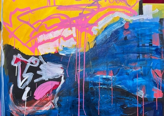 Inside the Studio, this abstract painting features bold areas of yellow, blue, pink, and black. Pink lines and shapes overlay vibrant sections, with drips and brushstrokes adding dynamic movement and texture.