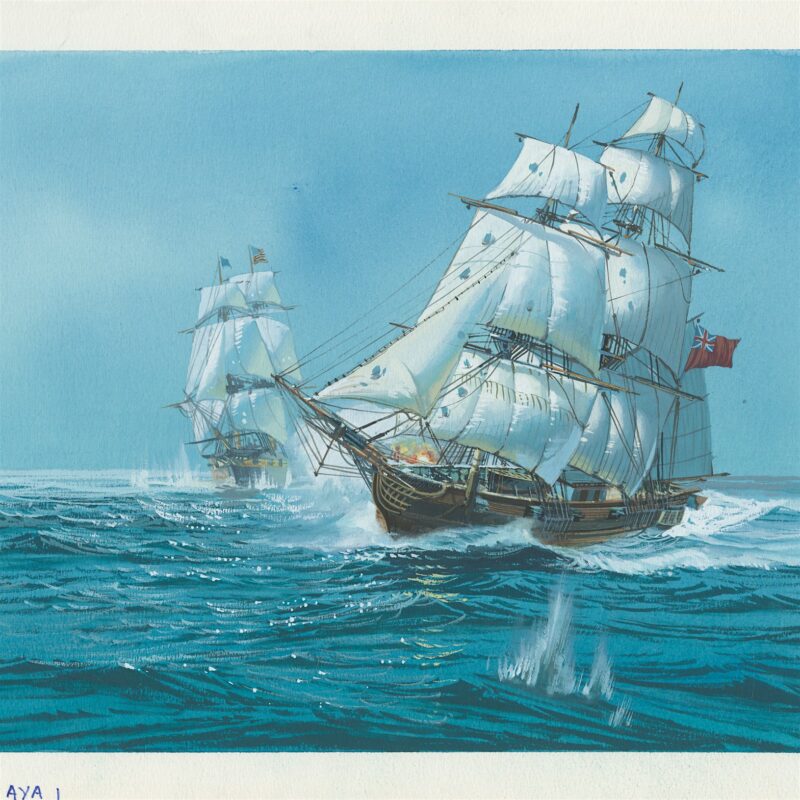 Two large sailing ships are depicted at sea under a clear sky. The ship in the foreground flies a red flag from its stern and has visible smoke and cannon fire. Waves and splashes are prominent in the foreground.
