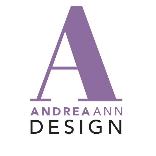 Logo with a large purple letter "A" in the center. "ANDREA ANN DESIGN" is featured below, with "Andrea Ann" in purple uppercase letters and "DESIGN" in black uppercase at the bottom.