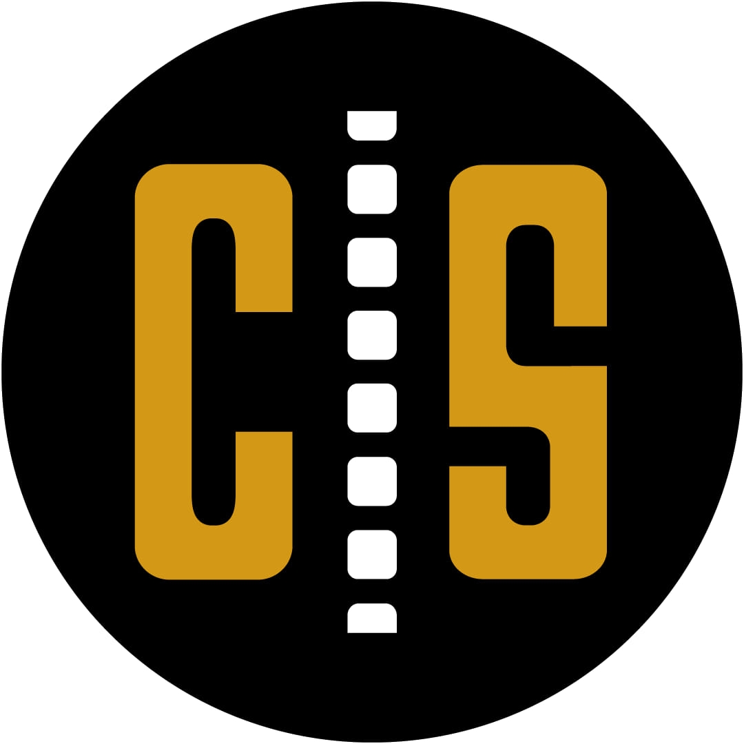 A black circle with large gold letters "C" and "S," separated by a vertical line of small white rectangles resembling a filmstrip—perfectly capturing the Cinema Salem vibe and what’s Now Playing.