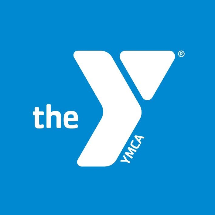 White YMCA logo shaped like a stylized "Y" with the word "the" to the left and "YMCA" written diagonally on the stem, set against a blue background—often seen in locations offering CPR certification and Basic Life Support training.