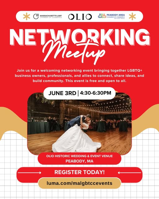 Flyer for a Networking Meetup at Olio Historic Wedding & Event Venue in Peabody, MA on June 3rd, 4:30-6:30 PM, for LGBTQ+ professionals. Features a photo of two people dancing in a ballroom. Registration link provided.